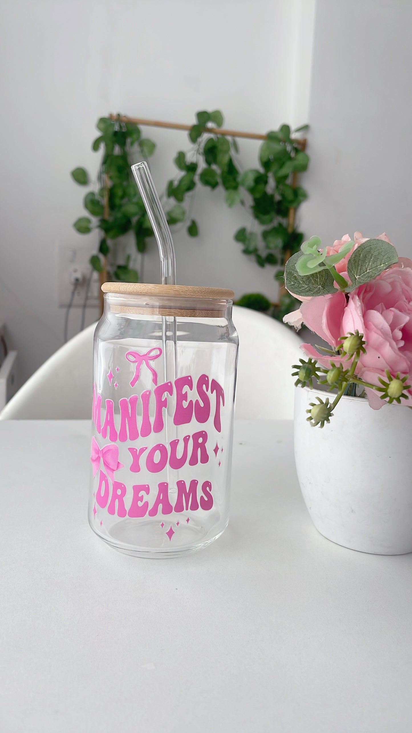 Manifest your Dreams Glass Can Tumbler with bamboo lid & glass straw | 540 ml