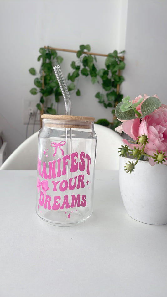 Manifest your Dreams Glass Can Tumbler with bamboo lid & glass straw | 540 ml