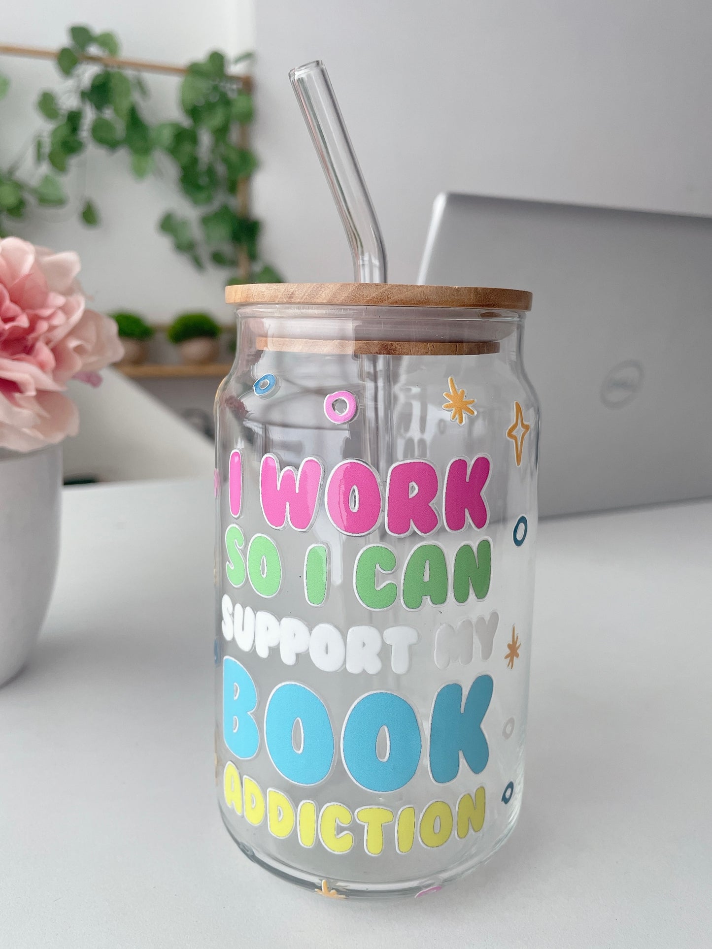 Book Addiction Glass Can Tumbler with bamboo lid & glass straw | 540 ml