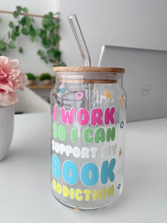 Book Addiction Glass Can Tumbler with bamboo lid & glass straw | 540 ml