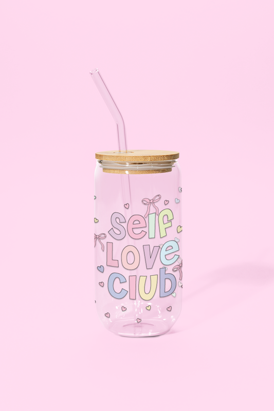 Self Love club Glass Can Tumbler with bamboo lid & glass straw | 540 ml