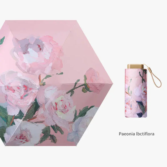 Beautiful Oil Painting effect 6 fold manual umbrella with pouch | For Rains & sunny day | UV protection