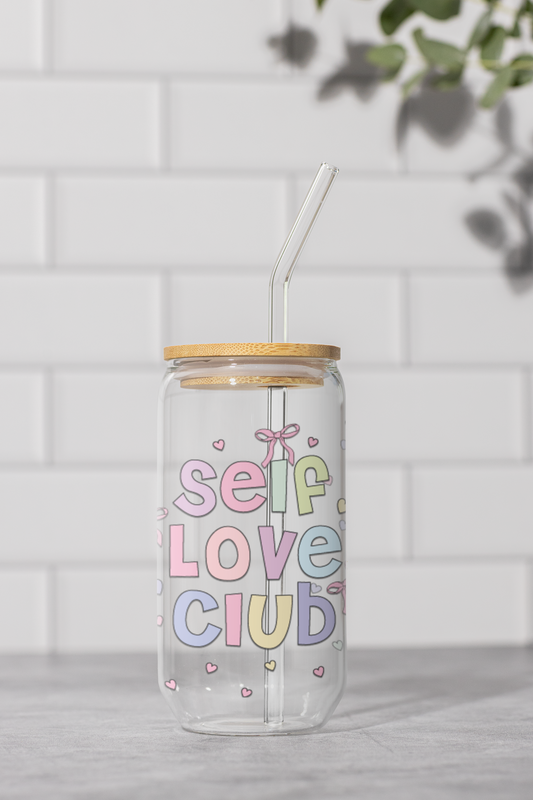 Self Love club Glass Can Tumbler with bamboo lid & glass straw | 540 ml