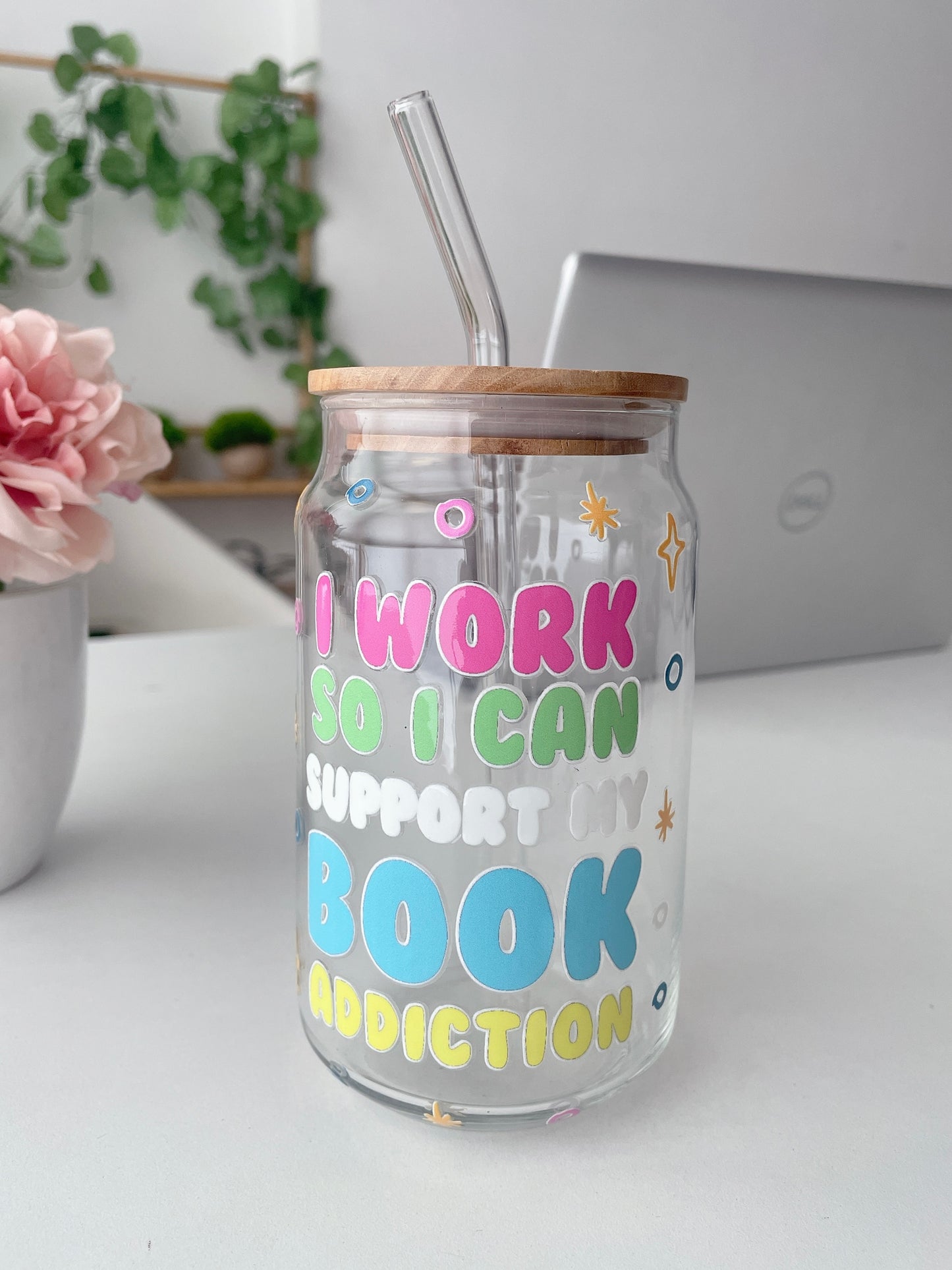 Book Addiction Glass Can Tumbler with bamboo lid & glass straw | 540 ml