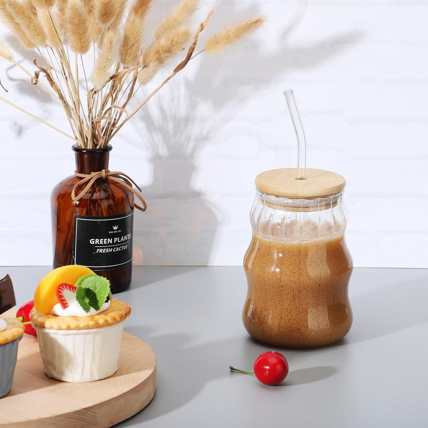 Vintage Ripple Ribbed Glass with lid and straw| 510 ML