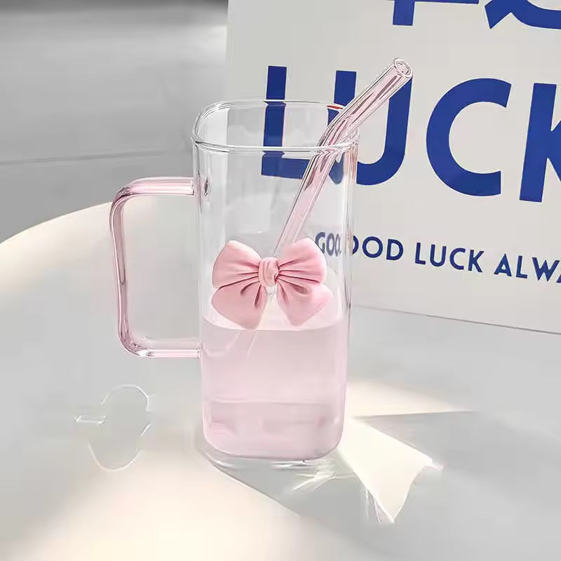Chic Bow Glass Tumbler with Handle And Straw | 400ml