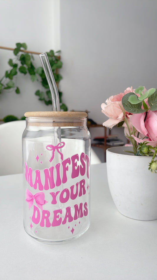 Manifest your Dreams Glass Can Tumbler with bamboo lid & glass straw | 540 ml