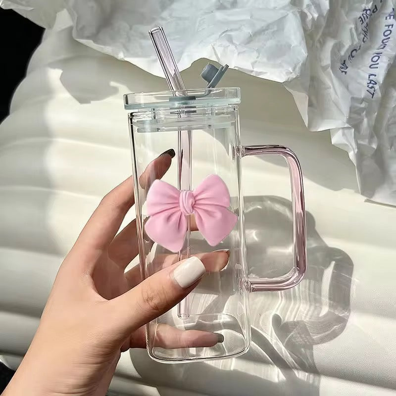 Chic Bow Glass Tumbler with Handle And Straw | 400ml