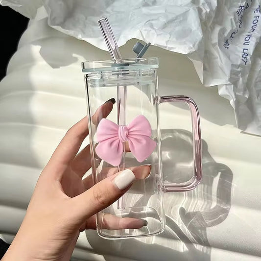 Chic Bow Glass Tumbler with Handle And Straw | 400ml