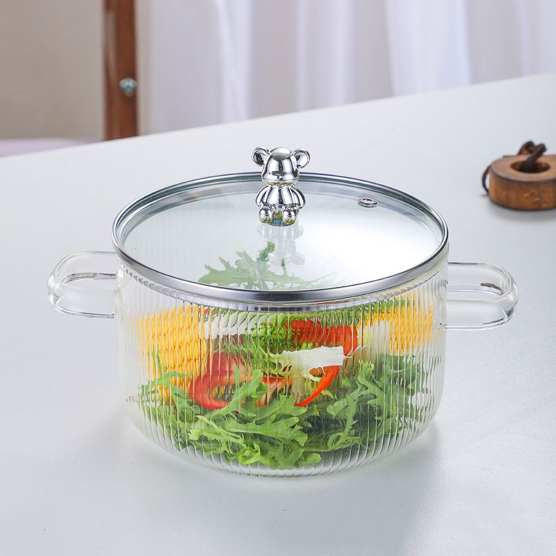 Cute Bear Borosilicate Glass Cooking Pot with Lid – 1600ml Clear Casserole for Stove & Microwave