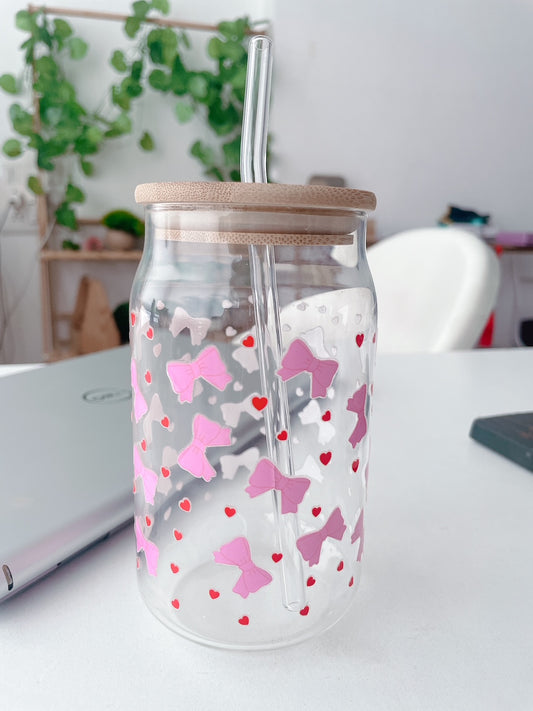 Bows & Bubbles Glass Can Tumbler with bamboo lid & glass straw | 540 ml