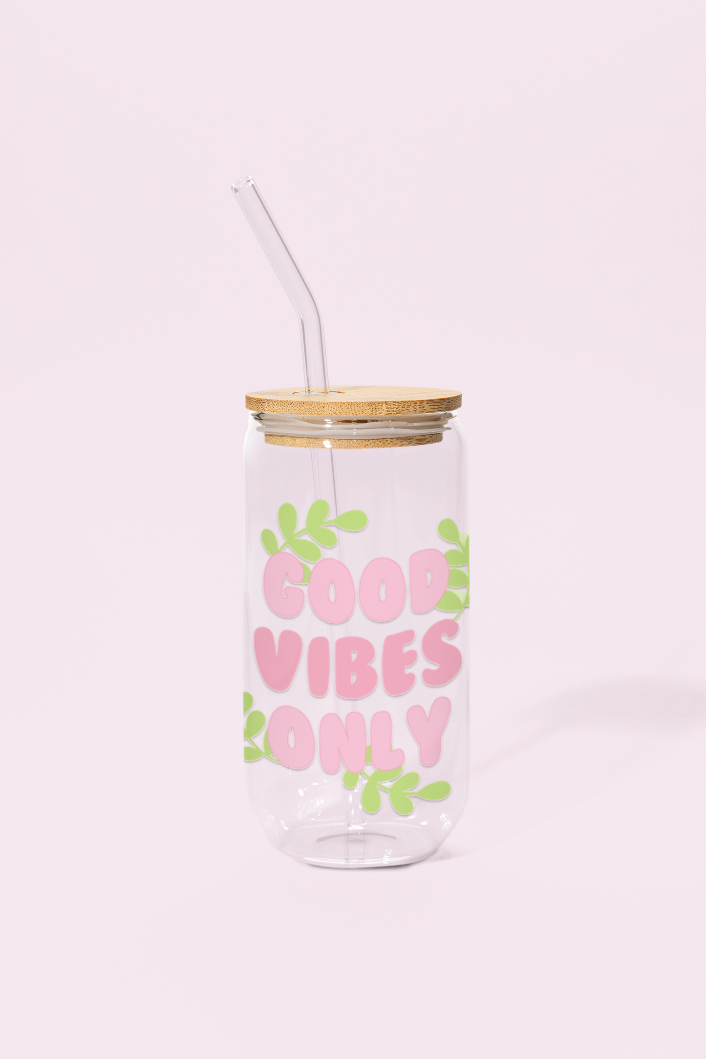 Good Vibes Glass Can Tumbler with bamboo lid & glass straw | 540 ml