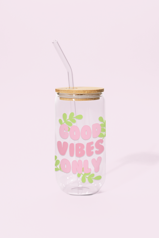Good Vibes Glass Can Tumbler with bamboo lid & glass straw | 540 ml