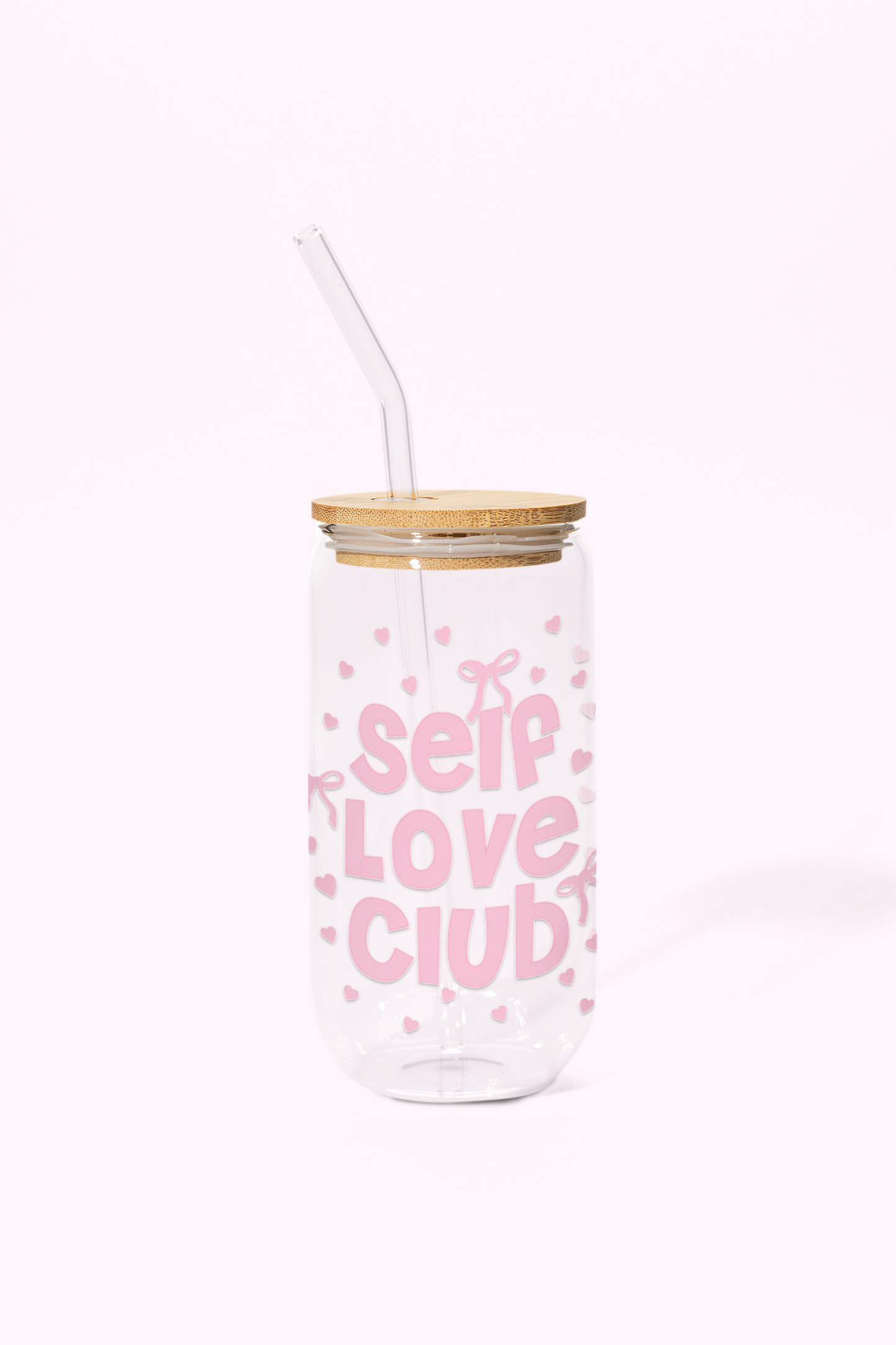 Self Love Club Glass Can Tumbler with bamboo lid & glass straw | 540 ml (Pink)
