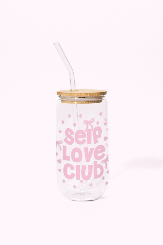 Self Love Club Glass Can Tumbler with bamboo lid & glass straw | 540 ml (Pink)