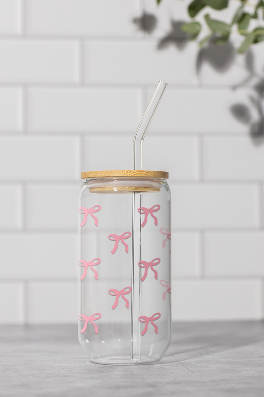 Soft Girl Glass Can Tumbler with bamboo lid & glass straw | 540 ml