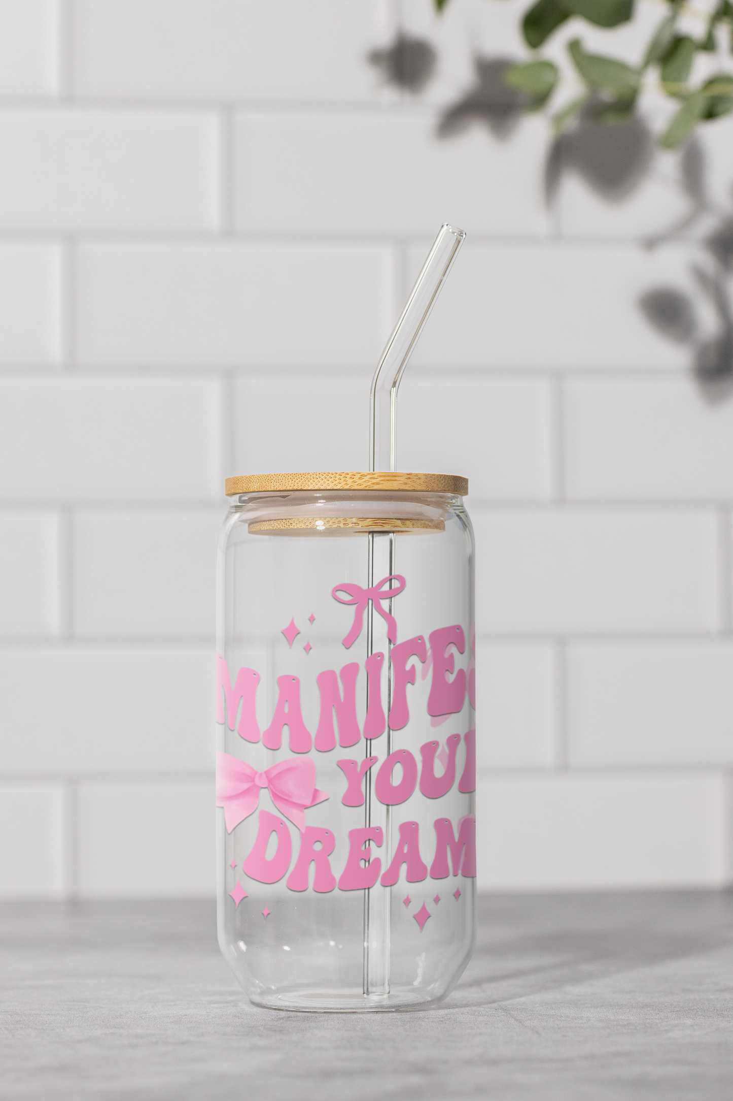 Manifest your Dreams Glass Can Tumbler with bamboo lid & glass straw | 540 ml