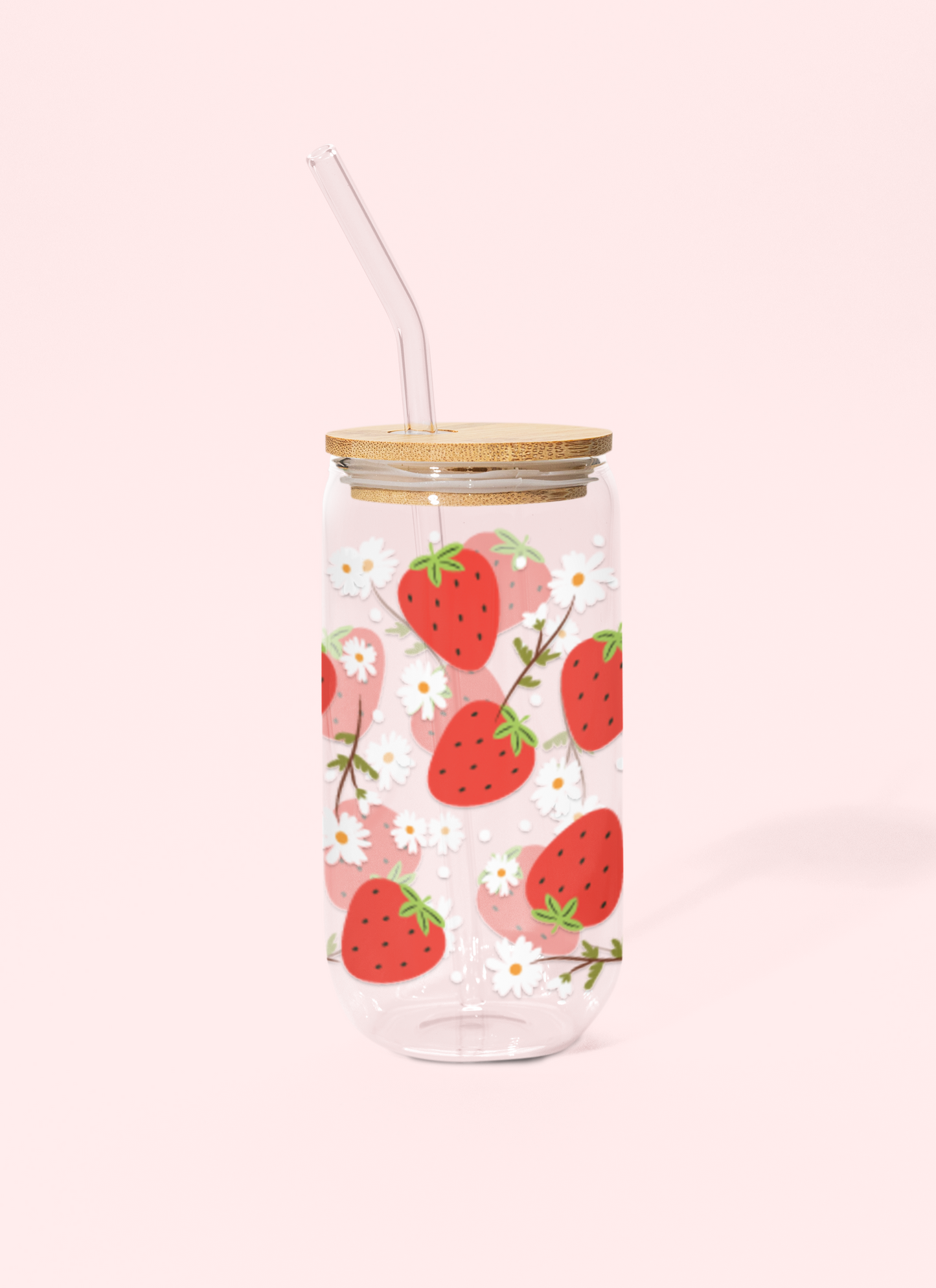 Strawberry Love Glass Can Tumbler with bamboo lid & glass straw | 540 ml
