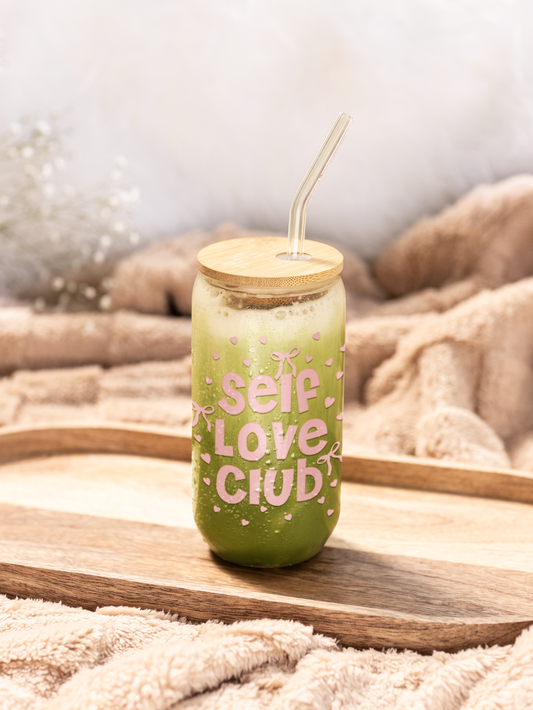 Self Love Club Glass Can Tumbler with bamboo lid & glass straw | 540 ml (Pink)