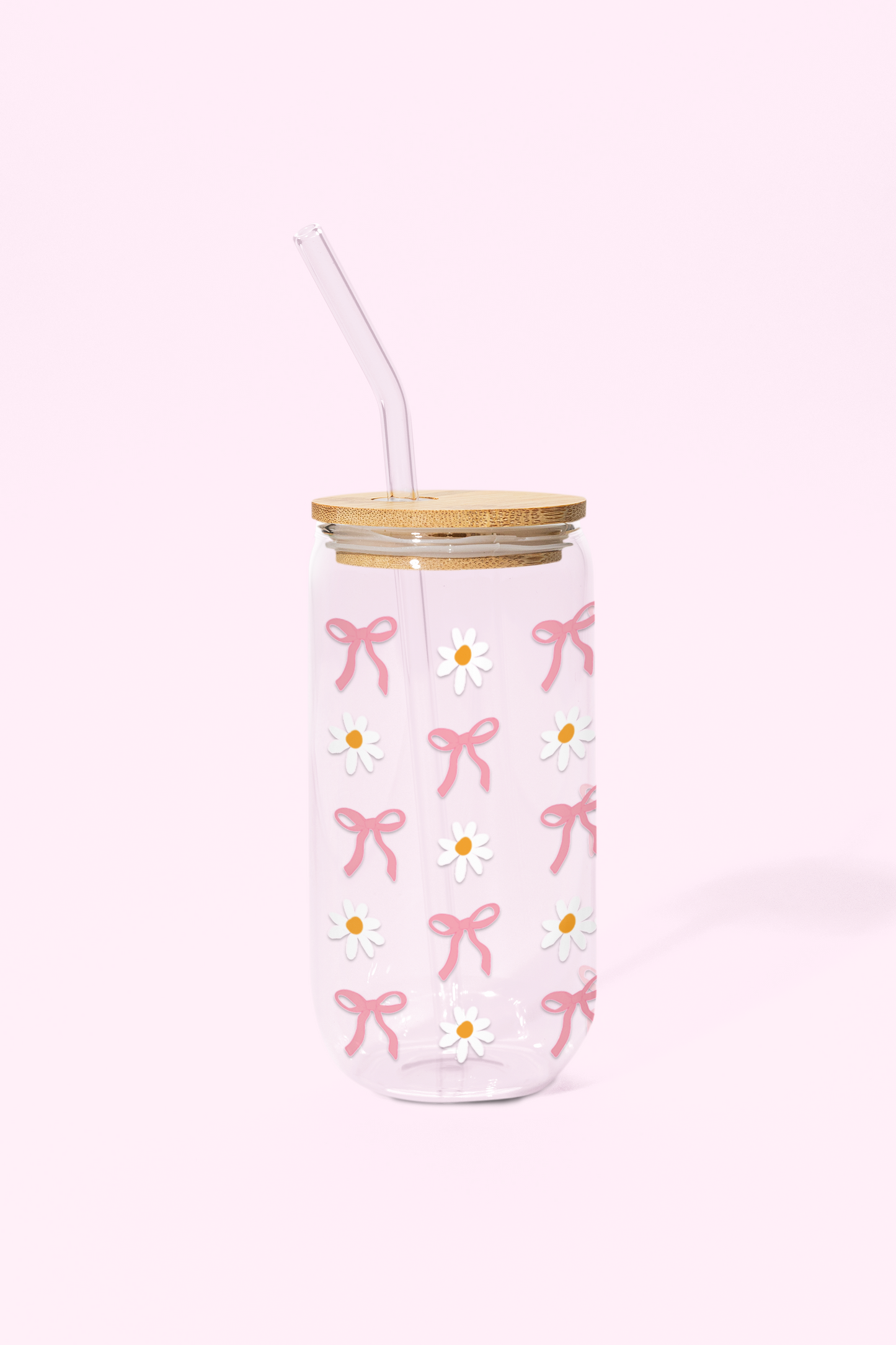 Ribbon Bloom Glass Can Tumbler with bamboo lid & glass straw | 540 ml