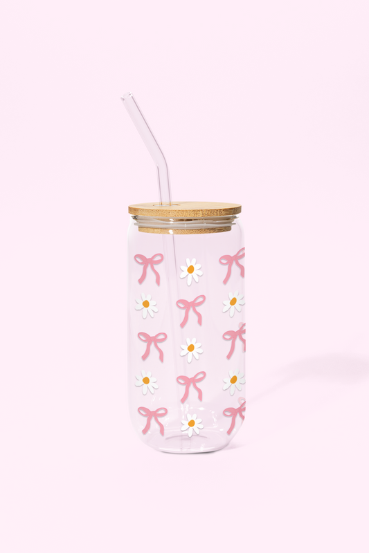 Ribbon Bloom Glass Can Tumbler with bamboo lid & glass straw | 540 ml