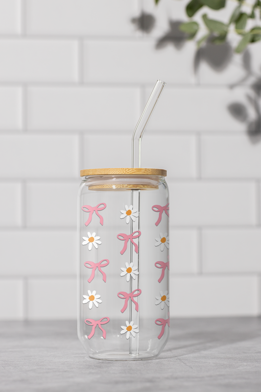 Ribbon Bloom Glass Can Tumbler with bamboo lid & glass straw | 540 ml