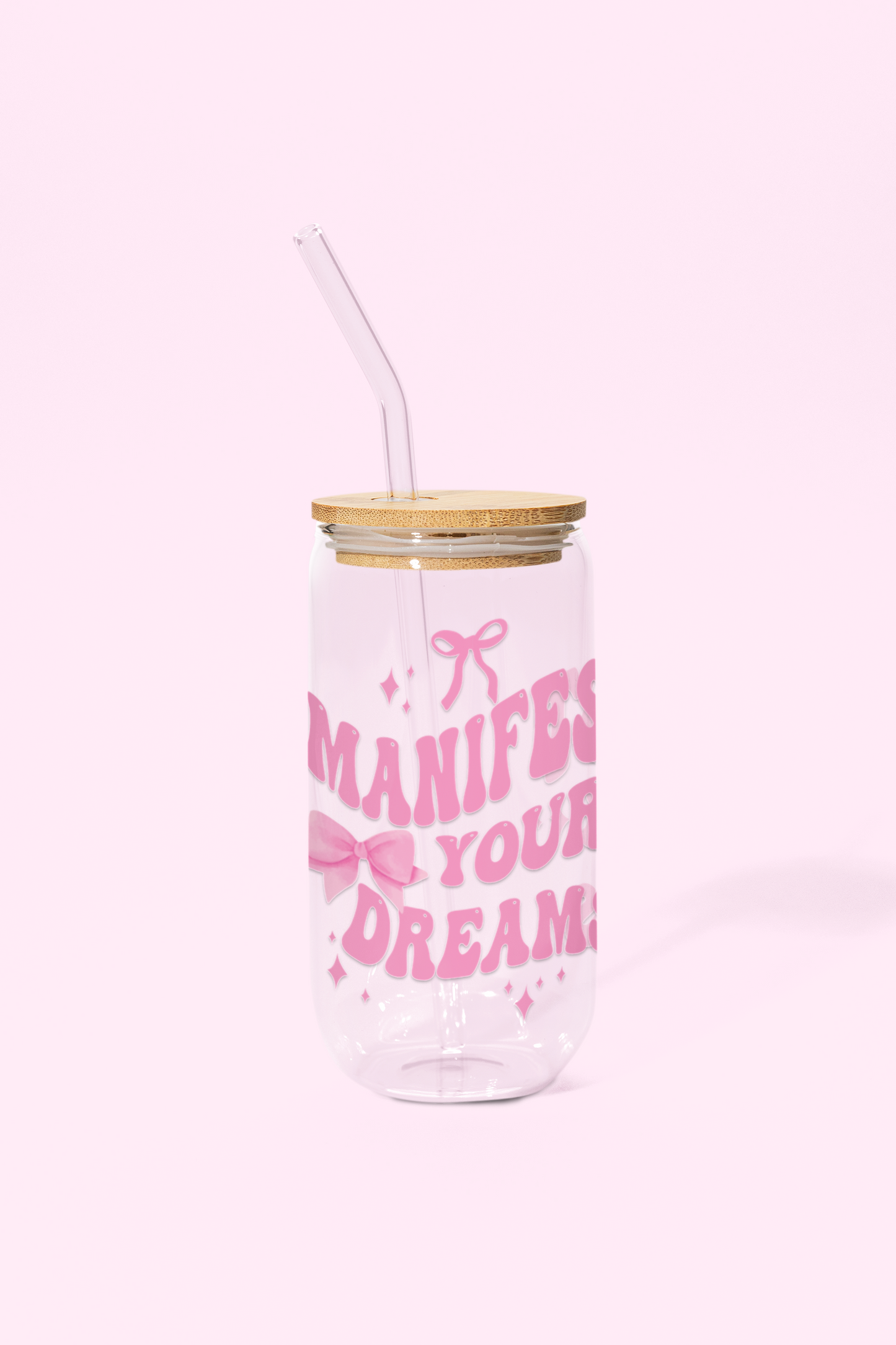 Manifest your Dreams Glass Can Tumbler with bamboo lid & glass straw | 540 ml