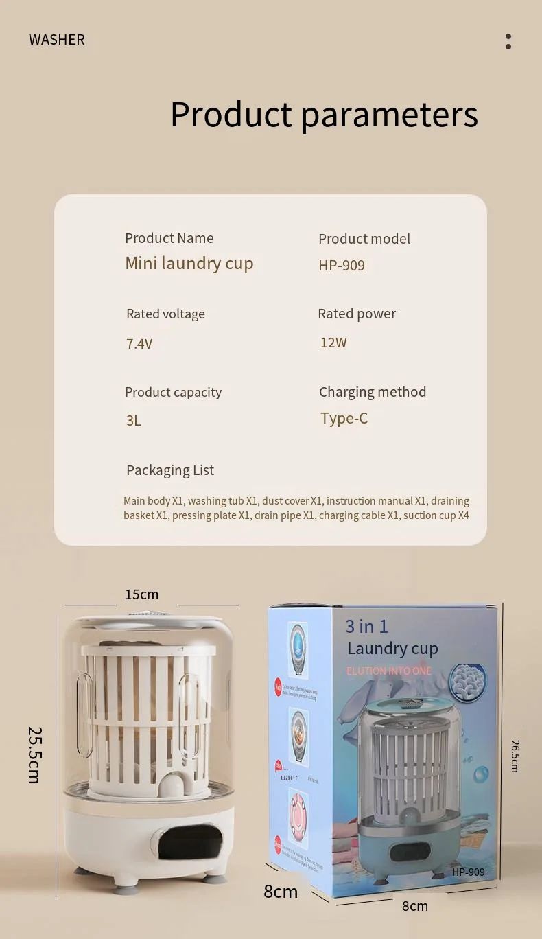 Blush Wash 3-in-1 Cordless Mini Portable Washing Machine with Spin Basket | 3 Litre