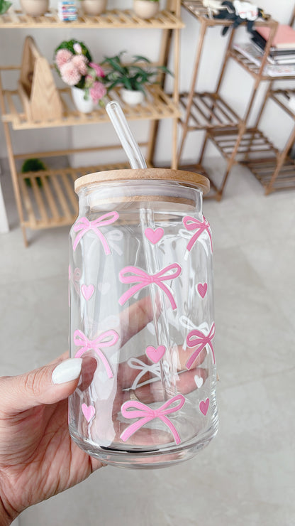 Coquette Love Glass Can Tumbler with bamboo lid & glass straw | 540 ml