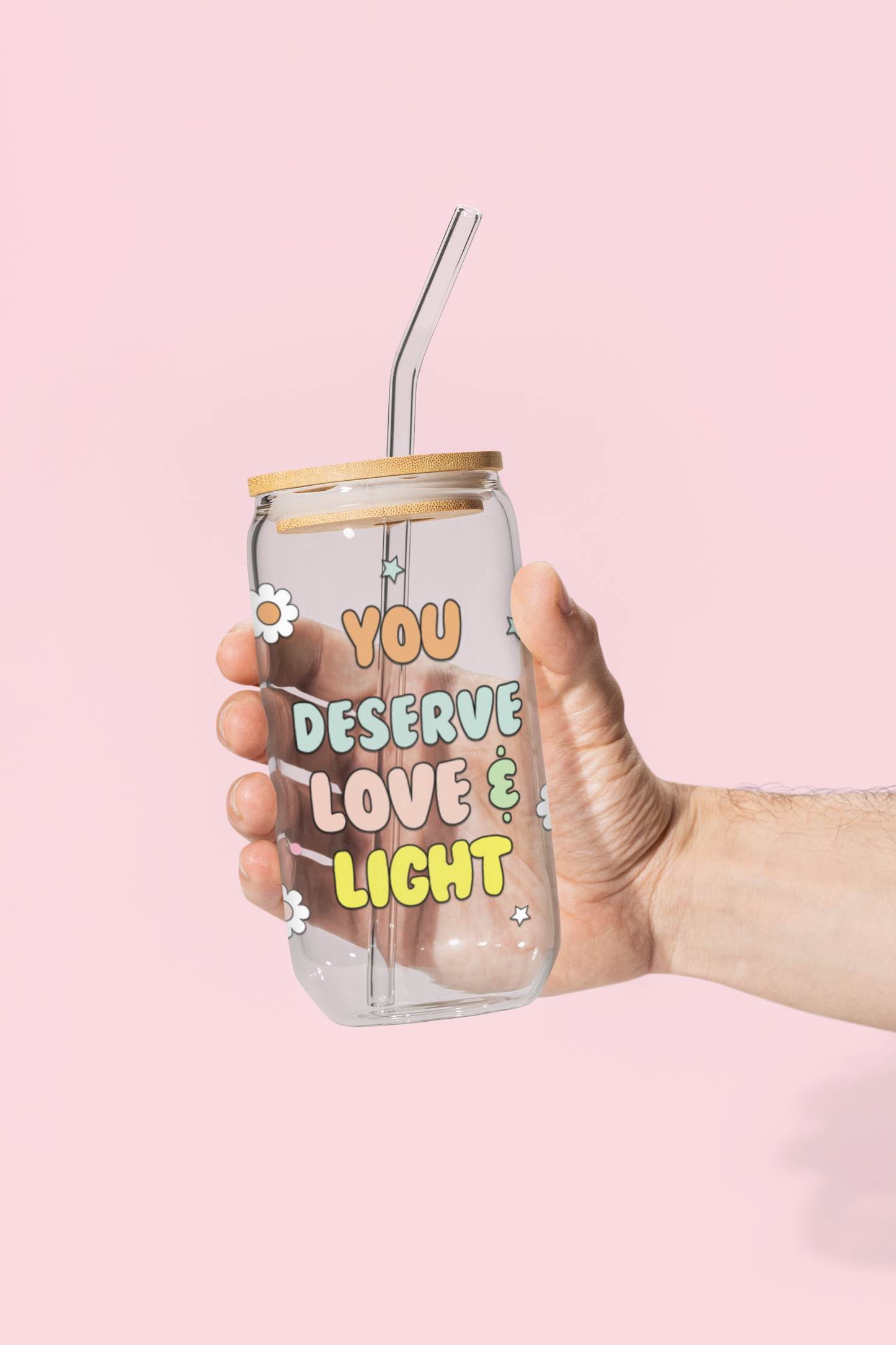 Love & Light Glass Can Tumbler with bamboo lid & glass straw | 540 ml