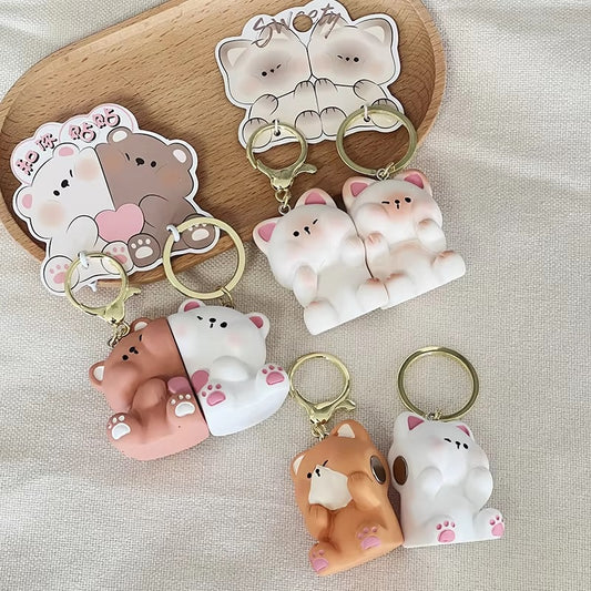 Pawsome Pals Magnetic Keychain cute cat/bear Resin Animal Couple Pendants Metal Charms Car Key Ring