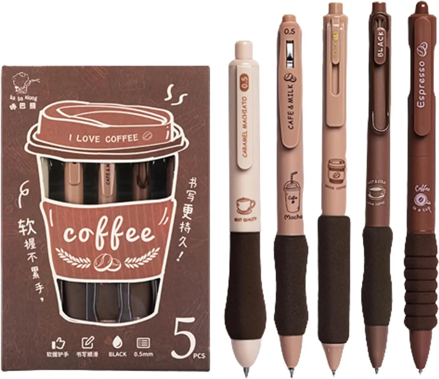 Coffee Cute Retractable Pens With Different Tips | set of 5