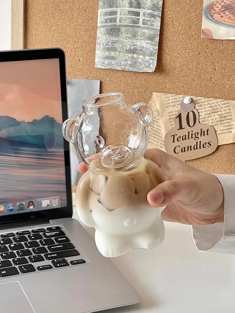 Cozy Bear Transparent Glass Cup Tumbler with straw | 320 ml
