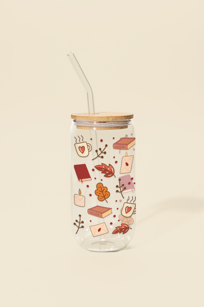 Cozy Reader Glass Can Tumbler with bamboo lid & glass straw | 540 ml