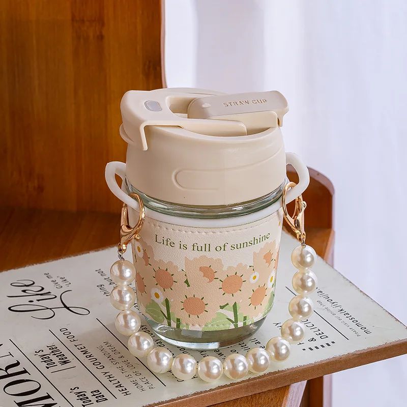 Bloom & Pearl Portable Glass Coffee Cup with Handle – 350 ml