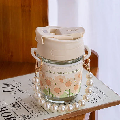 Bloom & Pearl Portable Glass Coffee Cup with Handle – 350 ml