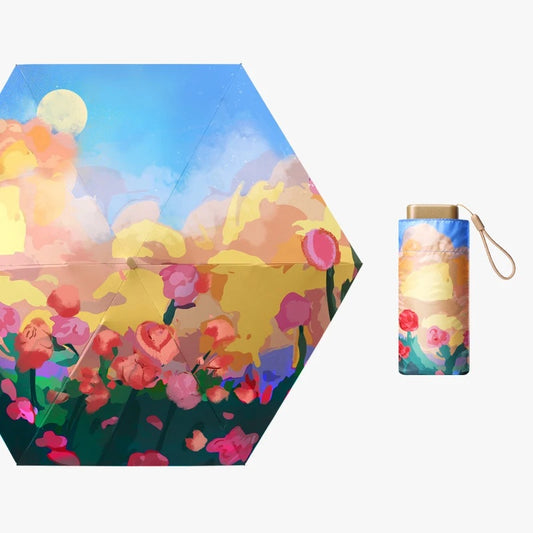 Rose under the moon Oil Painting effect 6 fold manual umbrella with pouch | For Rains & sunny day | UV protection