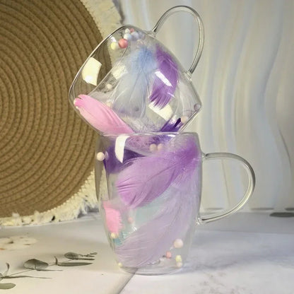 Dried Flower Aesthetic Coffee Cup with Insulated Handle | 200ml Double Wall Floral Glass Mug