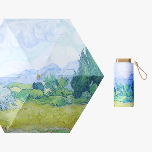 Wheat fields Oil Painting effect 6 fold manual umbrella with pouch | For Rains & sunny day | UV protection