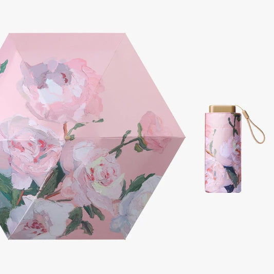 Pink Peonies Oil Painting effect 6 fold manual umbrella with pouch | For Rains & sunny day | UV protection