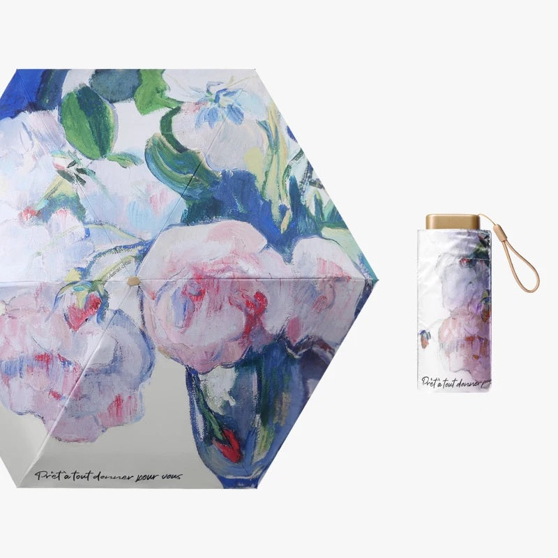 White Rose Oil Painting effect 6 fold manual umbrella with pouch | For Rains & sunny day | UV protection