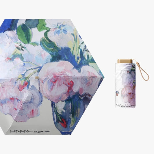 White Rose Oil Painting effect 6 fold manual umbrella with pouch | For Rains & sunny day | UV protection