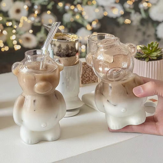 Cozy Bear Transparent Glass Cup Tumbler with straw | 320 ml