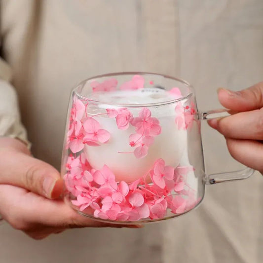 Real Dried Flower Aesthetic Coffee Cup with Insulated Handle | 200ml Double Wall Floral Glass Mug