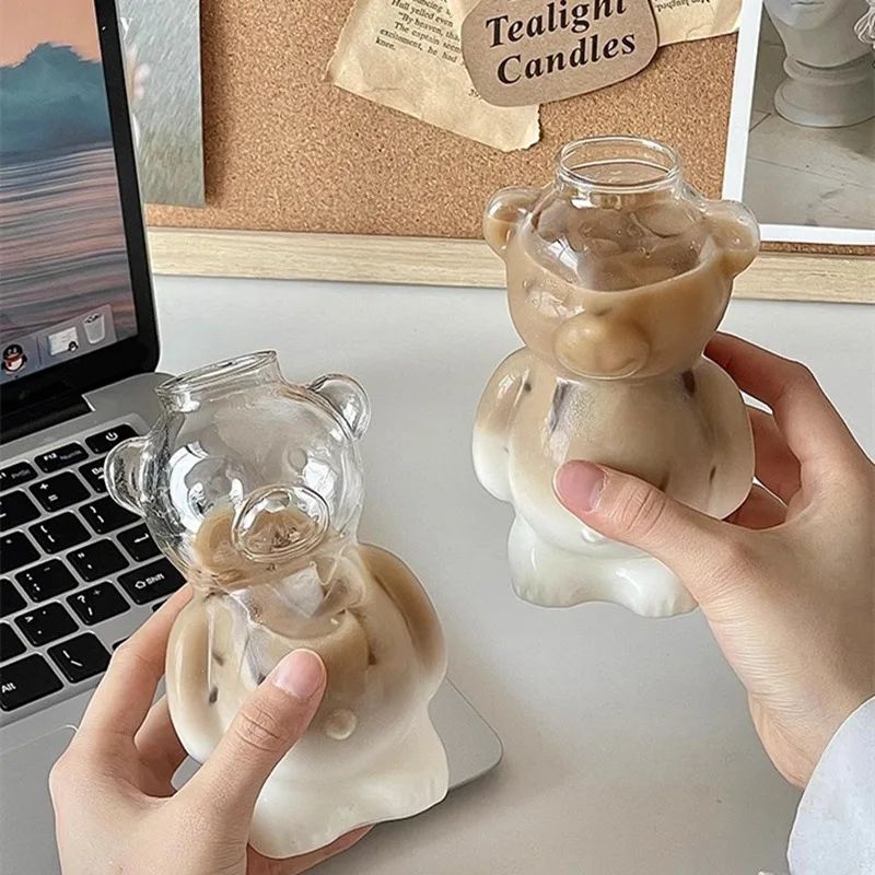 Cozy Bear Transparent Glass Cup Tumbler with straw | 320 ml
