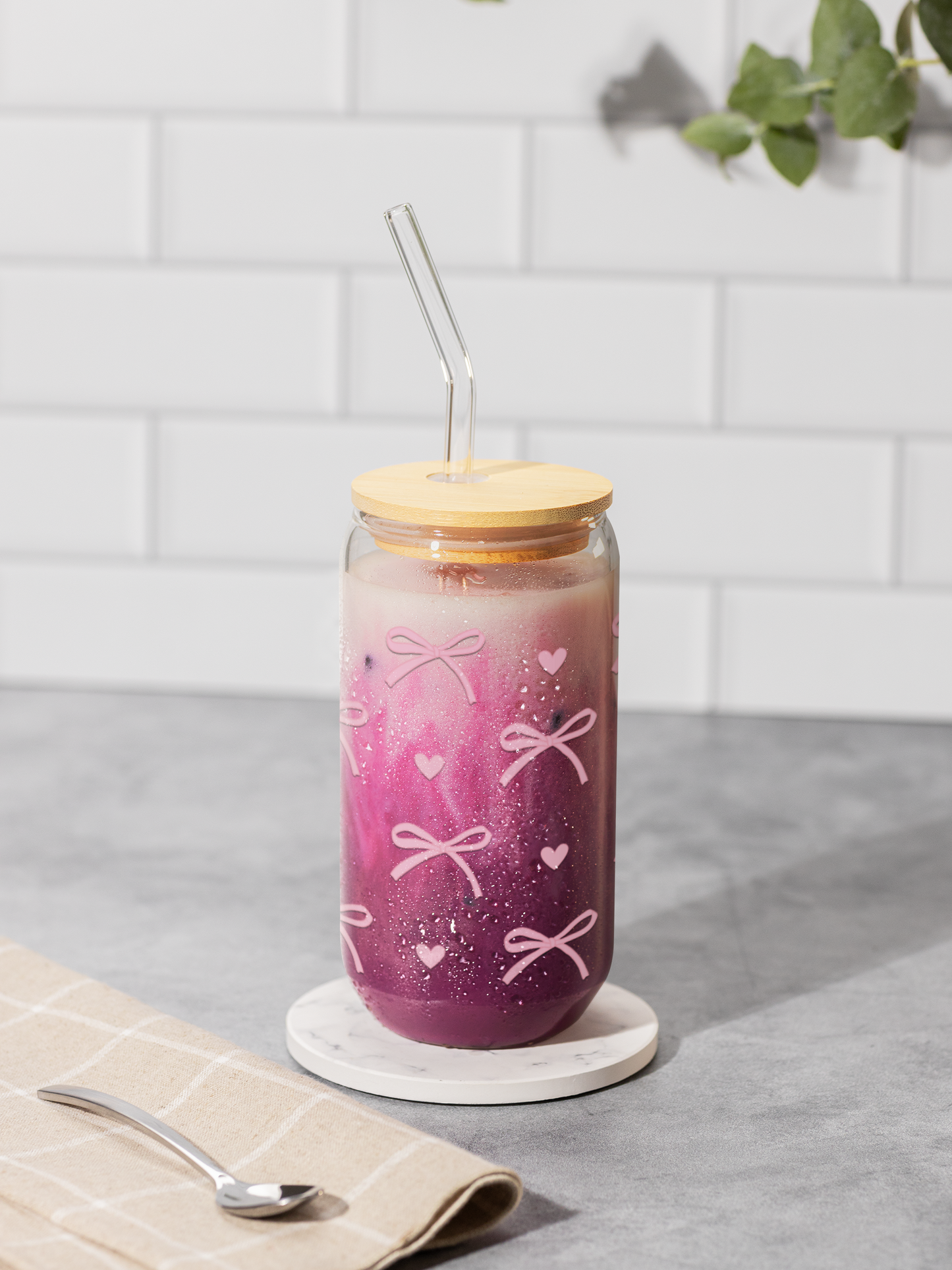 Coquette Love Glass Can Tumbler with bamboo lid & glass straw | 540 ml