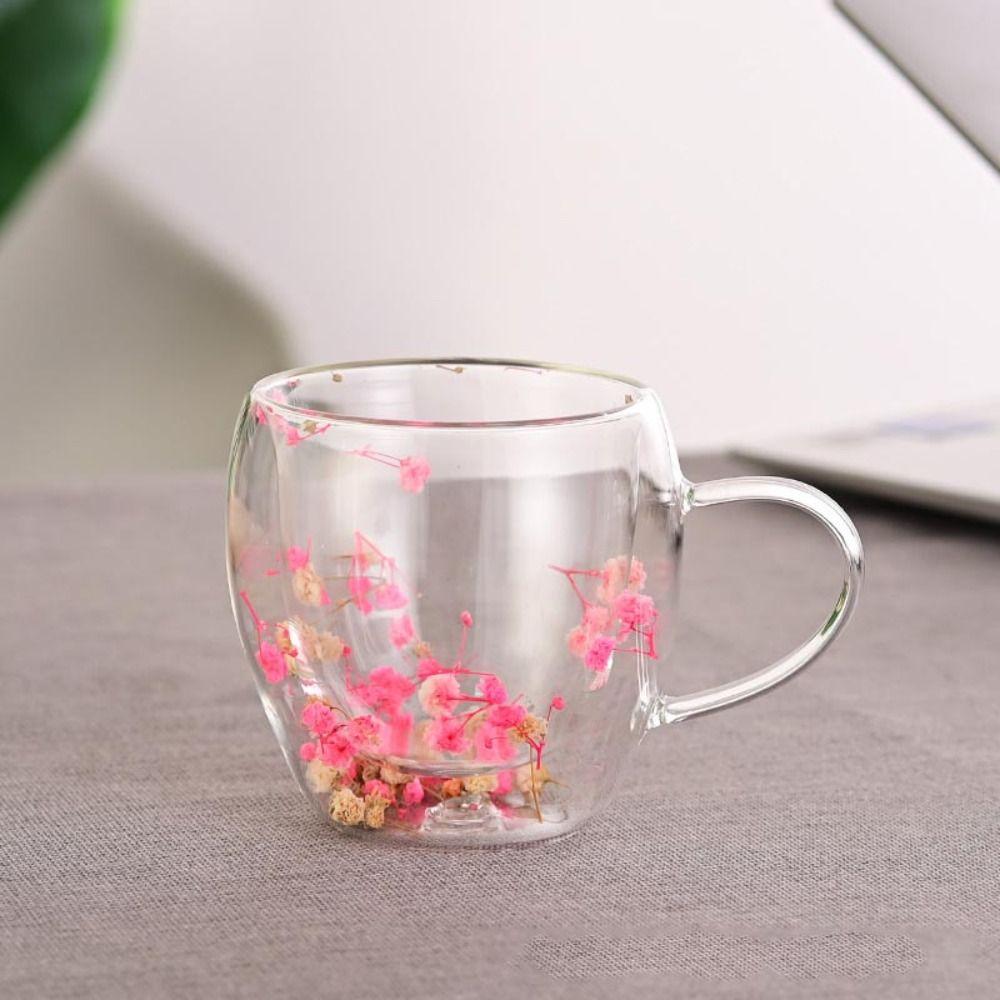 Dried Flower Aesthetic Coffee Cup with Insulated Handle | 200ml Double Wall Floral Glass Mug