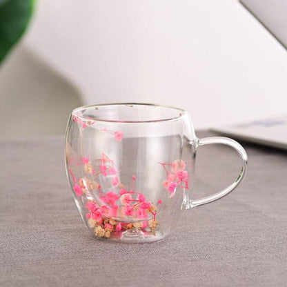 Dried Flower Aesthetic Coffee Cup with Insulated Handle | 200ml Double Wall Floral Glass Mug