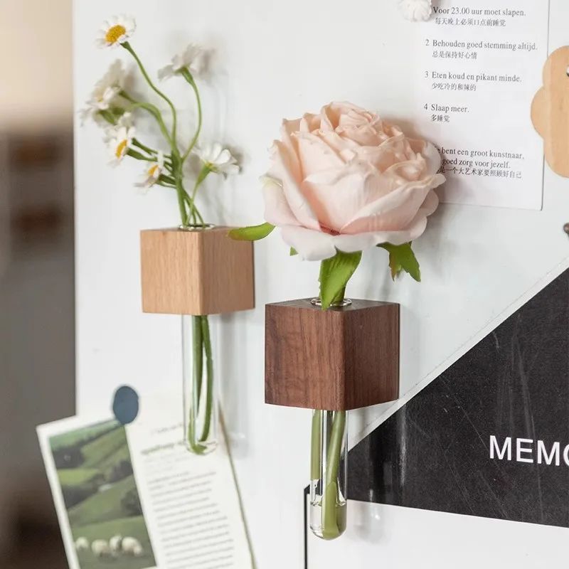 Minimalist Wooden Flower Vase Fridge Magnet | Set of 2