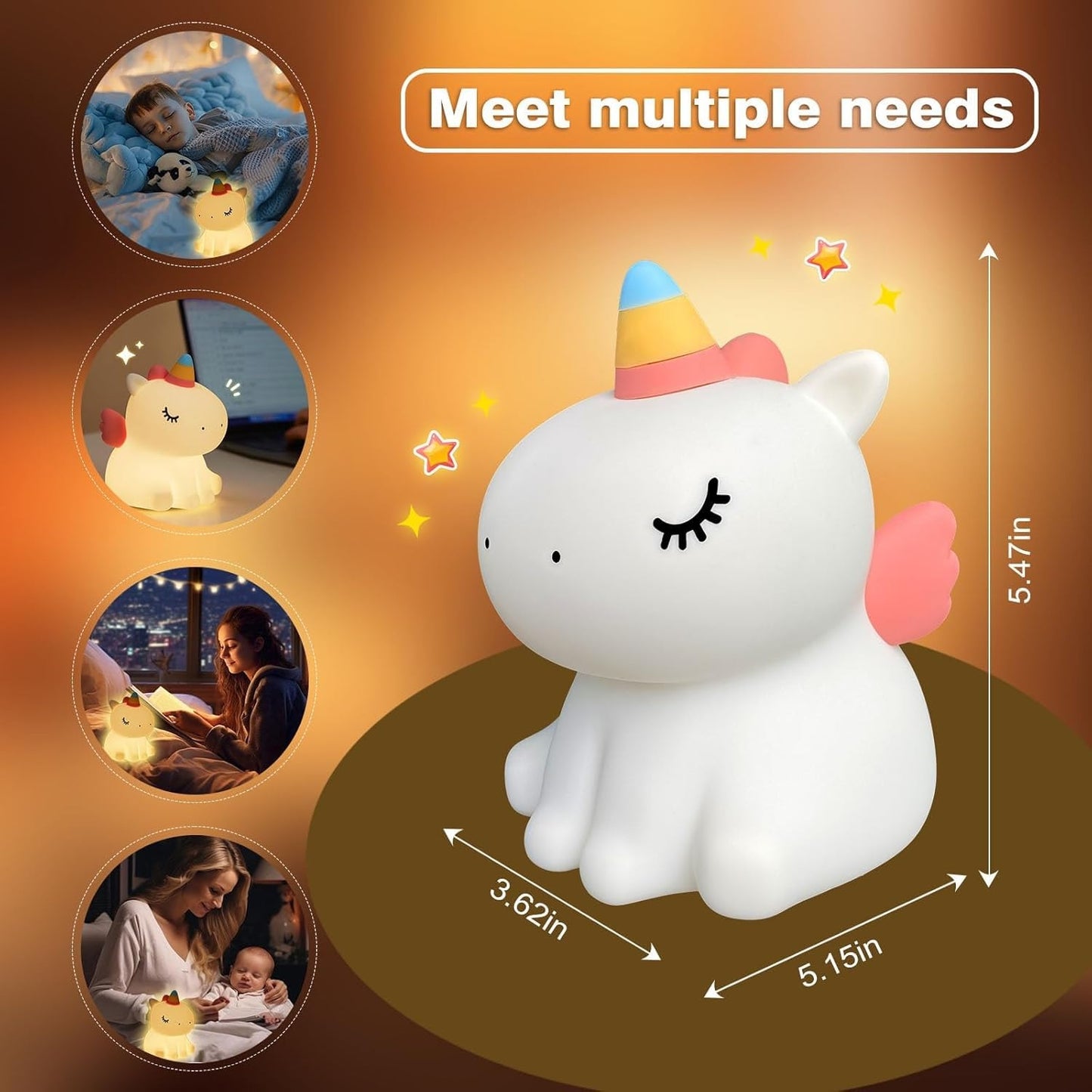 Silicone Unicorn Night Lamp Rechargeable Cute Lamp with 3 Level Brightness